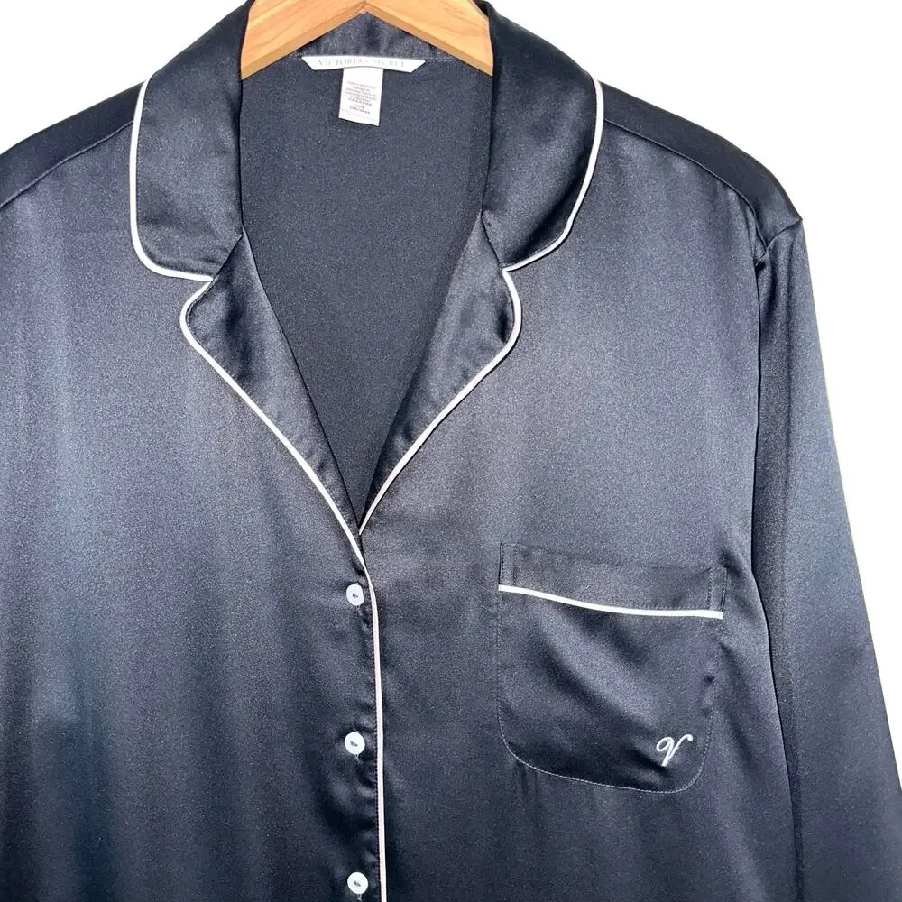 Victorias Secret Black Satin Long Sleeve Button Up Pajama Top Size Large